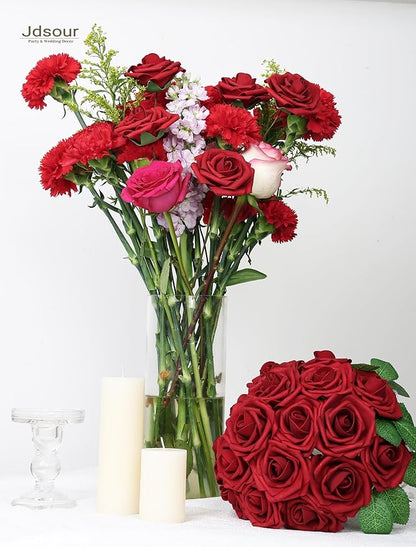 50pcs Artificial Flower，Real Touch Foam Roses w/Stem DIY for Wedding Bouquet Centerpieces Party Shower Home Decor-Dark red