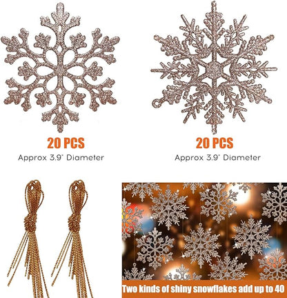 RECUTMS 40Pcs Plastic Snowflake Ornaments Christmas Glitter Snowflakes Hanging Crafts for Wedding Birthday Home Xmas Tree Window Door Accessories,4 Inches,2 Pattern (Champagne)