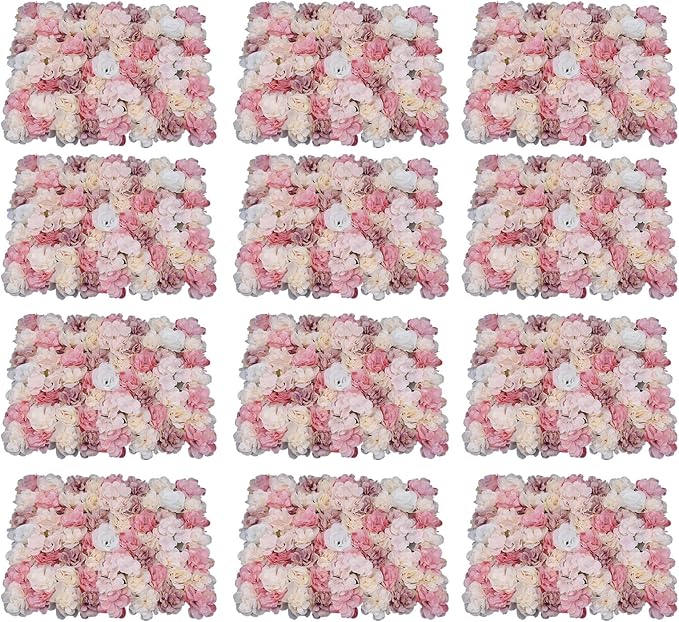 12 Pcs Artificial Flower Wall Panels 3D Flower Background Panel for Wall, 60x40cm Wedding Flower Decorations Wall Silk Rose Panels for Party, Nail, Photo Areas, Stage Background (Pink + Peach)