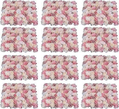 12 Pcs Artificial Flower Wall Panels 3D Flower Background Panel for Wall, 60x40cm Wedding Flower Decorations Wall Silk Rose Panels for Party, Nail, Photo Areas, Stage Background (Pink + Peach)