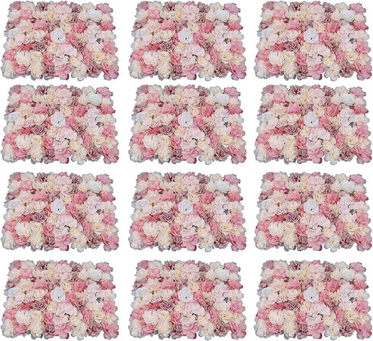 15.74"x 23.62" Artificial Flower Wall Panels,Flower Wall Mat Silk Flower Panels for Outdoor Garden Backyard Fence Fence Privacy Screen and Indoor Wall Decor (12Pcs Pink+White)