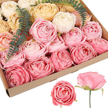 IPOPU Colorful Fake Rose Heads 25pcs Pink Silk Roses Artificial Flowers Combo White Fake Flowers for Rose Centerpieces for Tables Head Table Wedding Decorations Floral Centerpieces (Watermelon)