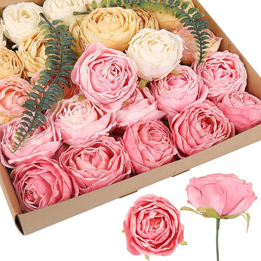 IPOPU Colorful Fake Rose Heads 25pcs Pink Silk Roses Artificial Flowers Combo White Fake Flowers for Rose Centerpieces for Tables Head Table Wedding Decorations Floral Centerpieces (Watermelon)