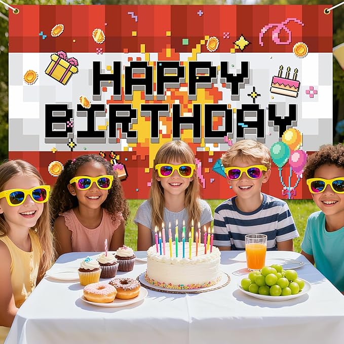 Pixel Happy Birthday Backdrop, 150x90cm/4.92x2.95ft Video Game Themed Banner Party Decoration Pixel Birthday Backdrop for Boys Girls Party Supply