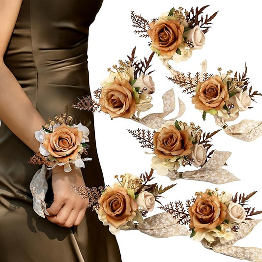 Walnut Brown Corsage for Wedding(Set of 6),Wrist Corsage,Corsage for Prom,Boho Wedding,Party Prom Hand Flower Decor,Mother of The Bride Corsage,Bridesmaid Wrist Corsage