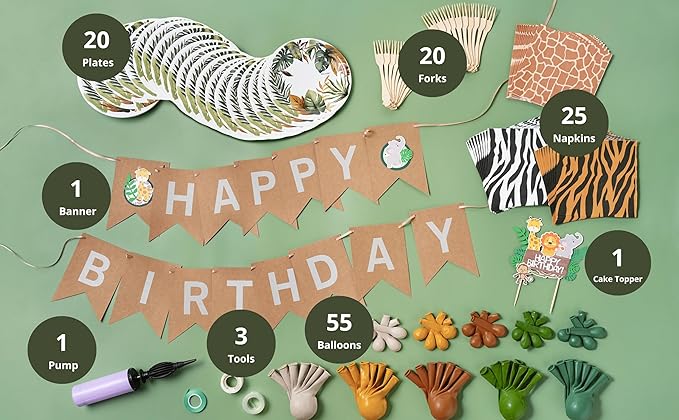 127 PCS Safari Birthday Decorations – Includes Safari Balloon Arch Kit, Pump, Cake Topper, Plates, Napkins, Bamboo Forks, and Banner – Animal Birthday Party Decorations for Boys, Girls, Serves 20