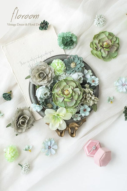 Floroom Mini Artificial Flower Heads Sage & Olive Green Fake Peony Daisy Rose Multicolor Small Faux Silk Flower Heads for Cake Craft Garland Wedding Party Graduation Cap DIY Home Decoration, 0.8"-3.6"