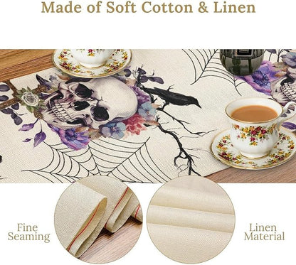 Gothic Floral Table Runner, Retro Dark Skull Spider Web Crow Flower Halloween Witchy Coffee Table Center Decor for Home Kitchen Dining Patio Holiday Party Table Decorations 13x108 inches