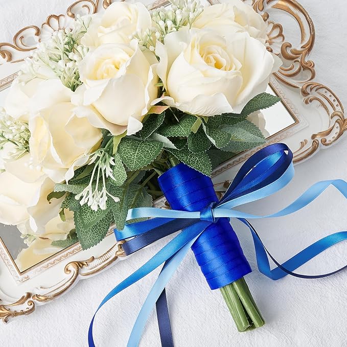 3/8 Inch Blue Satin Ribbon, 4 Rolls Total 40 Yards, Double Faced Mixed Blue Thin Ribbon for Gift Wrapping, Flower Bouquets, Crafts, Wedding, Christmas Decorations