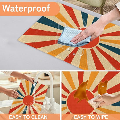 Abstract Sun Placemats Set of 6,Boho Geometric Washable Kitchen Dining Linen Table Mats for Home Party Dinner Indoor Outdoor 12x18Inch