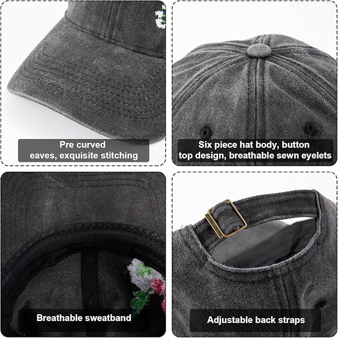 Cute Embroidered Flower Hat, Adjustable Black Cotton Baseball Cap for Women Men, Gifts for Flower Lovers