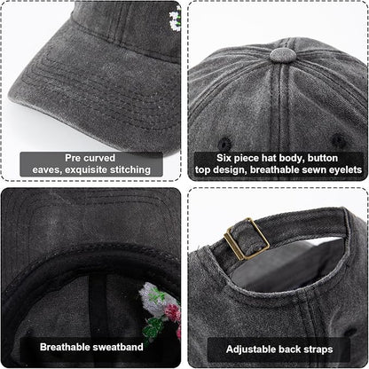 Cute Embroidered Flower Hat, Adjustable Black Cotton Baseball Cap for Women Men, Gifts for Flower Lovers