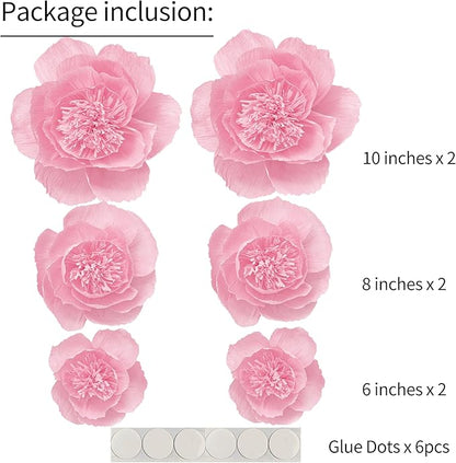 Crepe Paper Flowers Decoration for Wall, Artificial Flowers for Wedding Decor,Flower Backdrop Decor,Baby Shower,Birthday Party, Photo Backdrop, Nursery Wall Decor (Pink;Set/6)