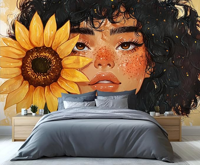 KIREUPA Sunflower Woman Art Wall Mural, Curly Hair Girl with Sunflower 3d Wall Murals, Modern Portrait and Flower Wallpaper Mural, for Living Room Bedroom Large Wallpaper Indoor Decor 59" W x39.4 H