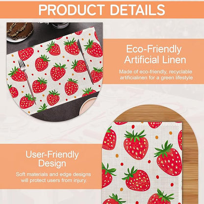 Cute Strawberry Placemat Set of 6,Heat Resistant Linen Table Mats for Indoor Outdoor Home Kitchen Dining Room Table 12x18Inch