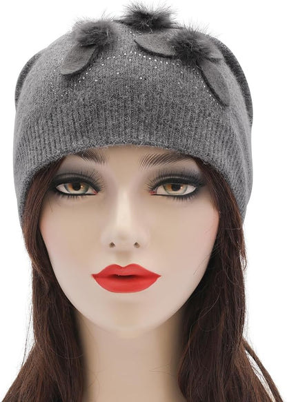 ZLYC Women Floral Slouchy Beanie Hat Double Layer Winter Knit Skull Cap