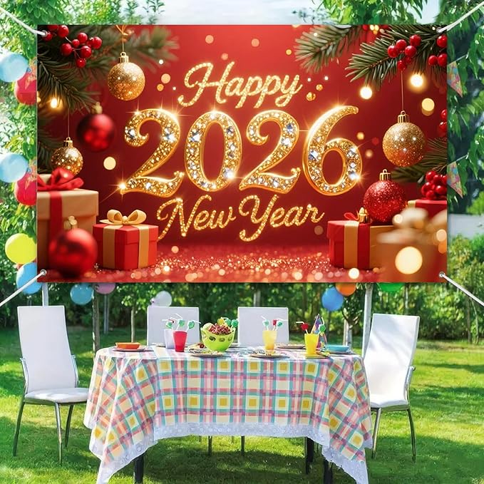 2026 Happy New Year Banner 71x43 Inch Red Gold Christmas Ball Holiday Party Wall Decoration Glitter Photo Backdrop for Indoor Countdown Celebration Home Event and Festive Background Display
