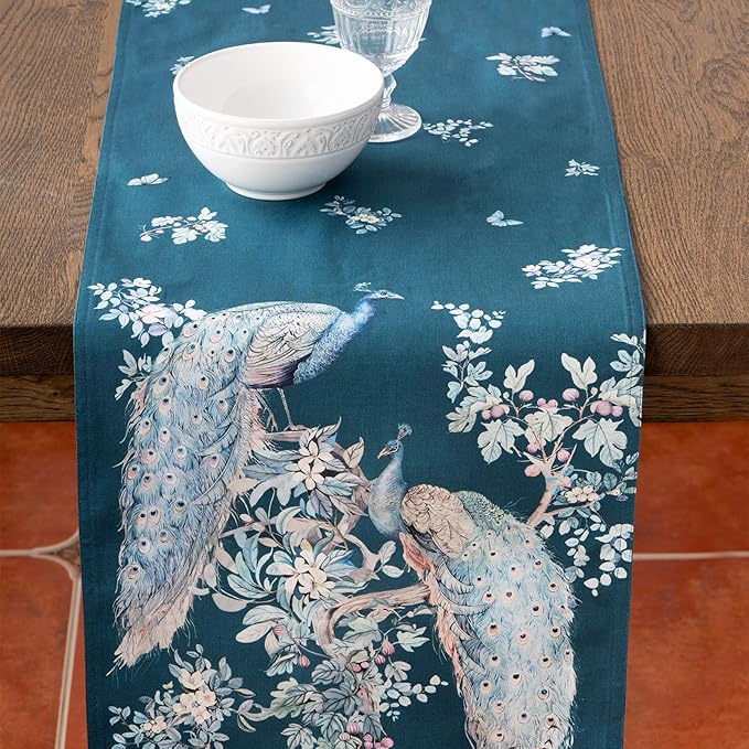 Maison d' Hermine Tablerunners 100% Combed Cotton Premium Table Runner Decorative Table Cover, Home, Kitchen & Camping, Peacock Utopia - Deep Sea, Double Layer - (14.5"x108")