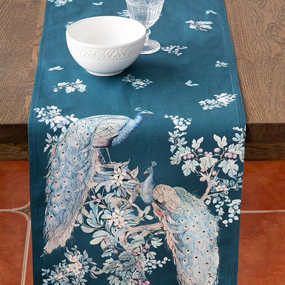 Maison d' Hermine Tablerunners 100% Combed Cotton Premium Table Runner Decorative Table Cover, Home, Kitchen & Camping, Peacock Utopia - Deep Sea, Double Layer - (14.5"x108")
