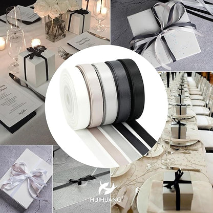 HUIHUANG Black White Silver Ribbon 3/8" Satin Ribbon Assorted 5 Colors Double Face Solid Color Ribbon for Holiday Day Gift Wrapping DIY Bow DIY Crafts, 10 Yard Each Total, 50 Yds Per Package