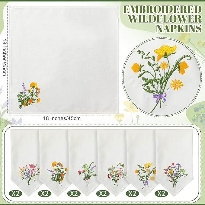 Tioncy 18 Pcs Christmas Floral Cloth Napkins Decorations Bulk Embroidered Wildflower Dinner Napkins Tea Cocktail Party Gifts Xmas Stocking Stuffers for Holiday Table Decor (White)