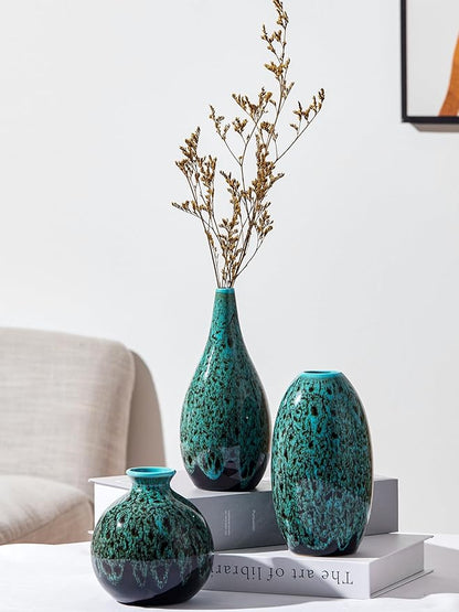 Ceramic Bud Vase Set, Fambe Blue Glazed Finish, Decorative Flower Vases (Blue-Set of 3)