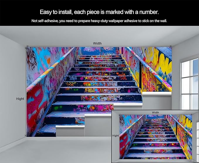 Graffiti Staircase Wall Mural, Urban Street Art 3D Wall Murals, Modern Hip-Hop Colorful Graffiti Steps Wallpaper Mural, for Living Room Bedroom Large Wallpaper Indoor Decor 157.5" W x110.3 H