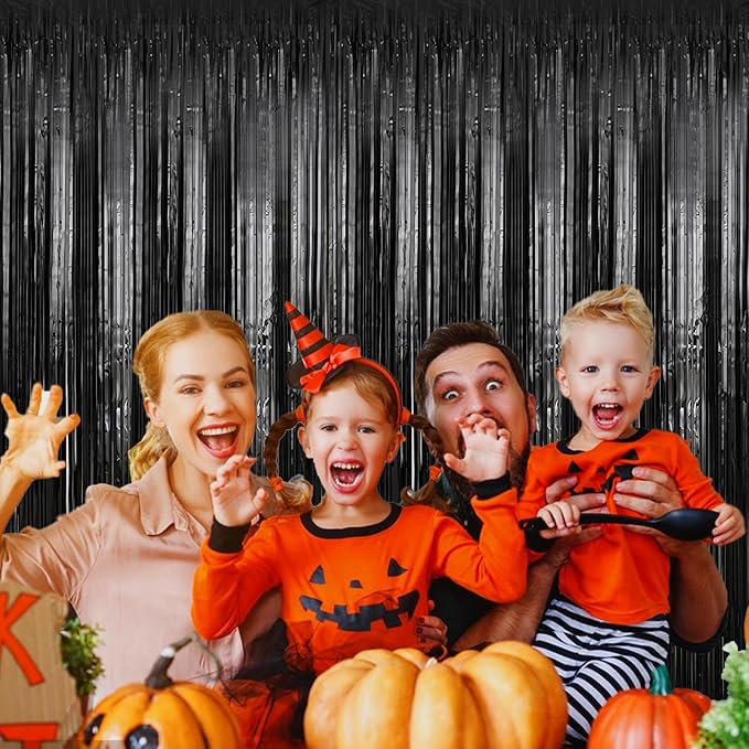 2 Pack 3.28 ft x 6.56 ft Black Tinsel Curtain Party Backdrop Decorations, Metallic Foil Fringe Backdrop Door for Halloween, Christmas, Birthday Graduation Wedding Party Streamers Photo Backdrop.