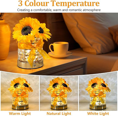 Sunflower Gifts for Women, Rechargeable Touch Table Lamp, 3 Color Infinitely Dimming Sunflowers Night Light, Flower Lamp for Bedroom Bar Home Decor, Christmas Birthday Gifts for Women Mom (Sunflower)
