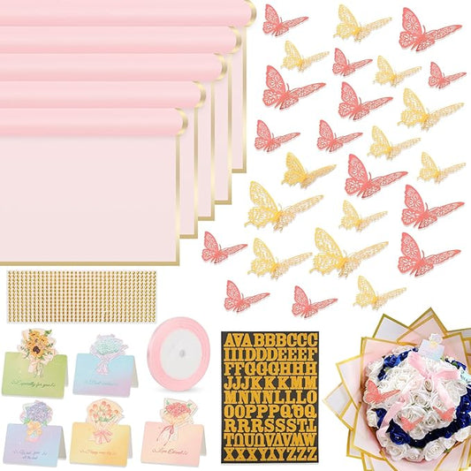 52Pcs Flower Bouquet Wrapping Paper Accessories Kit, 20 Sheets Pink Waterproof Floral Wrapping Paper, 12 Gold 12 Pink Butterflies, 5 Cards, 1 Ribbon, 1 Letter 1 Rhinestone Sticker (Gold Edge)