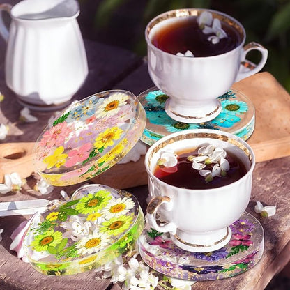 Flower Coasters, Tumwisk 4Pcs Dried Flower Drink Coasters, Women Coffee Table Dining Table Desk Aesthetic Coaster Set Natural Floral Coaster Home Decoration Housewarming Present