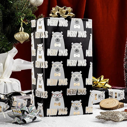 MAYPLUSS Metallic Foil Christmas Gift Wrap Paper - 17 Inch X 33 Feet - Cute Luxury Golden Bear w/Sunglasses on Black Design Winter Holiday Gift Wrap Present Paper Sheet for Party Birthday Baby Shower