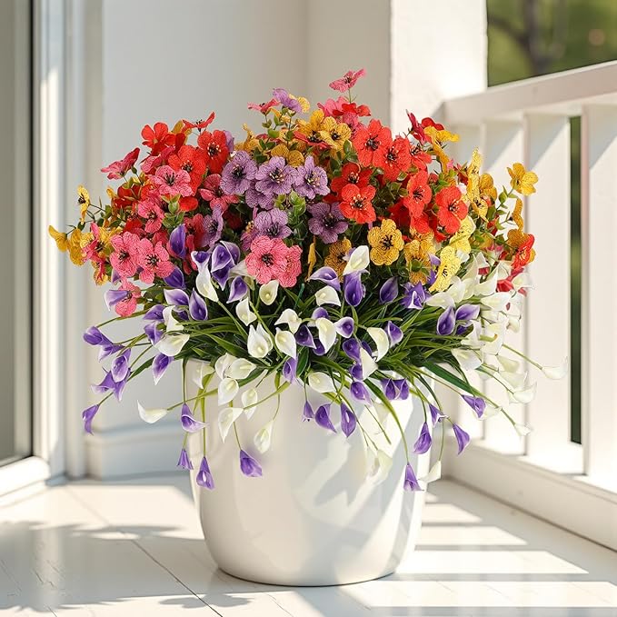 12 Bundles Artificial Flowers for Outdoor,UV Resistan Calla Lily&Daisy Fake Flowers,Realistic Plastic Faux Plants for Spring Decor,Porch,Patio,Garden,Window Box (Mixed)