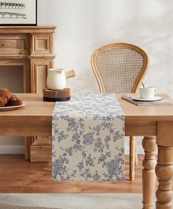 100% Cotton French Pastoral Table Runners, 13x36 Inch Blue Farmhouse Table Runners 36 Inches Long, Vintage Flowers Print Home Decors