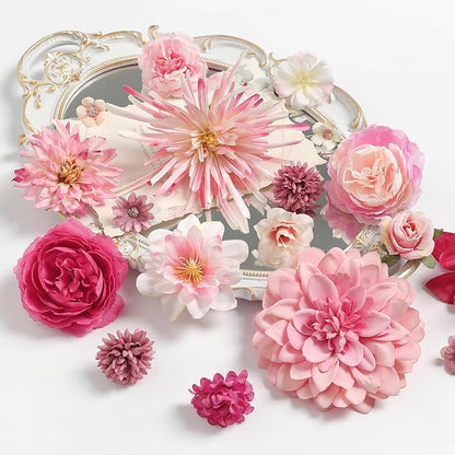 Artificial Flowers Heads Combo Pink Flowers Mix Silk Flowers Dahlia Roses for Graduation Cap DIY Cake Wedding Party Floral Arrangement Table Centerpieces Home Decorations