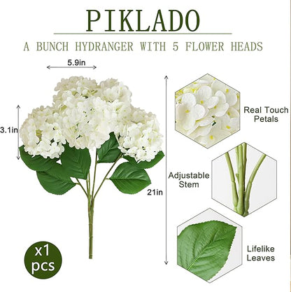 A Bunch 21in， White Real Touch Hydrangea Artificial Flowers， with 5pcs Flower Head 10pcs Leaves， Faux Hydrangea Flowers for Home Office Decor Wedding Party Arrangements (1, White)