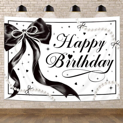 Black Bow Happy Birthday Banner Backdrop 7Wx5H Photography Black White Pearls Bowknot Balloons Girly Female Background Aesthetic Pretty Bday Party Decorations Banner Photo Booth Props Supplies