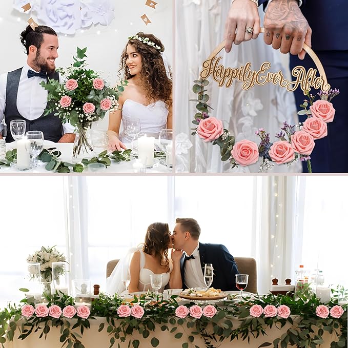 50PCS Pink Artificial Flowers Roses Real Looking Foam Fake Roses with Leaves and for DIY Wedding Bouquets Bridal Shower Centerpieces Party Decorations (Pink, 50)