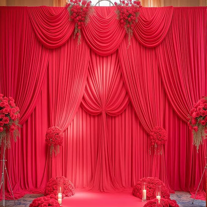 Red Backdrop Curtains 6 Panels-Wrinkle-Free Polyester Photography Drapes Party Photo Backgrounds for Wedding Christmas Photo Backdrops- 24 X10FT (Red)