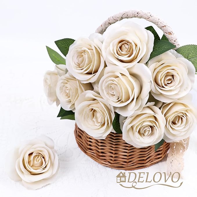 52pcs Beige Roses Artificial Flowers Fake Flowers Silk Roses with Stems for DIY Wedding Bouquets Bridal Shower Centerpieces Arrangements Party Decorations