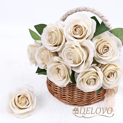 52pcs Beige Roses Artificial Flowers Fake Flowers Silk Roses with Stems for DIY Wedding Bouquets Bridal Shower Centerpieces Arrangements Party Decorations