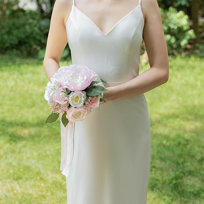 ponatia Blush Pink Wedding Bouquets for Bride Bridesmaid, Ivory Artificial Roses Flowers for Wedding Bouquets Ceremony, Anniversary