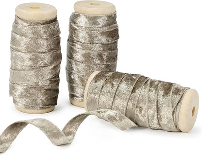 Velvet Taupe Ribbon Double-Sided Handmade Glossy Fabric Trim Wooden Spool Thin Ribbons for Christmas Tree Gift Wrapping Crafts Wedding Flower Bouquet 3/8 inch x 5YD 3 Rolls