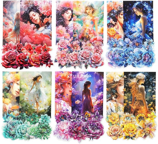 90Pcs Floral PET Stickers, Fantasy Holographic Stickers for Scrapbooking, DIY Crafts, Journaling Supplies & Junk Journal Ephemera