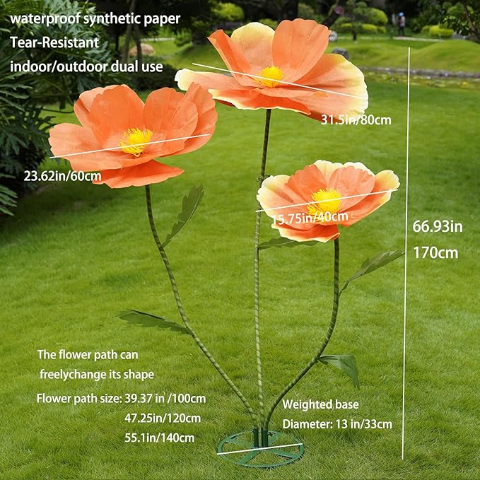 Giant Flowers for Decoration,Large Paper Flowers with Stand,Artificial Flowers for Home Decor,Wedding Background Decor,Shop Window Display,Photography Props,Banquet Party (Orange)