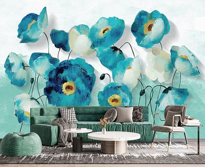 Blue Oil Painting Flowers Wall Mural Wallpaper for Bedroom 103" x 69"