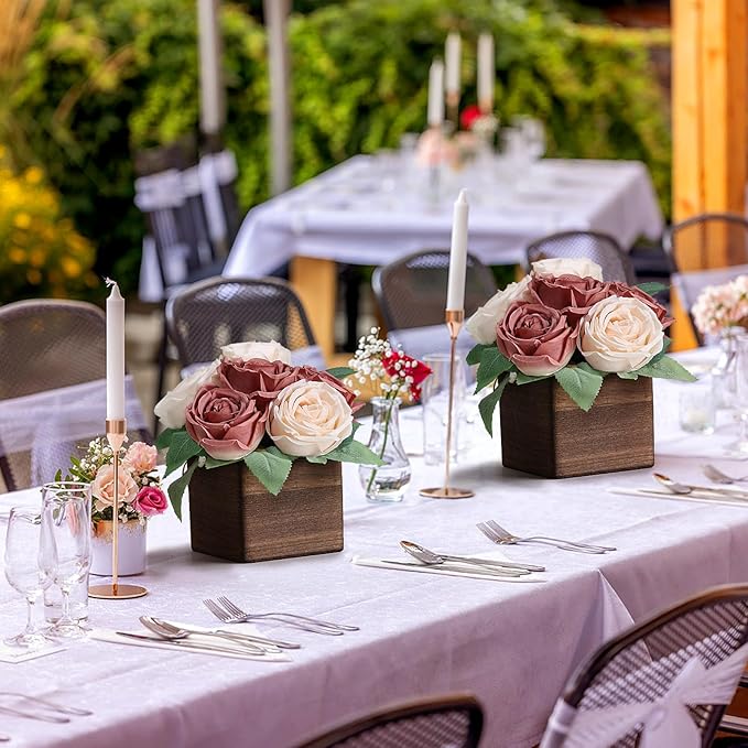 Dining Table Centerpiece Set of 6 - Pre-Made Aritifial Rose with Wooden Vase Fake Floral Arrangment Faux Flower for Wedding Bridal Tea Party Event Decorations - Dusty Pink & Champagne