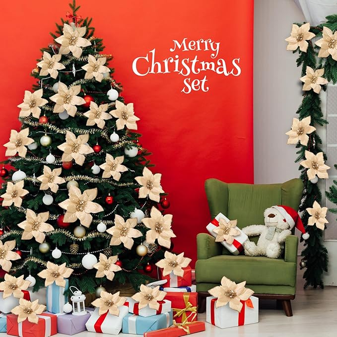 WILLBOND 24 Pcs 3 Size Poinsettia Flower Artificial Christmas Decor Glitter Poinsettia Christmas Ornaments Faux Flowers for Xmas Tree Outdoor(3.2/4/6 Inches,Champagne)