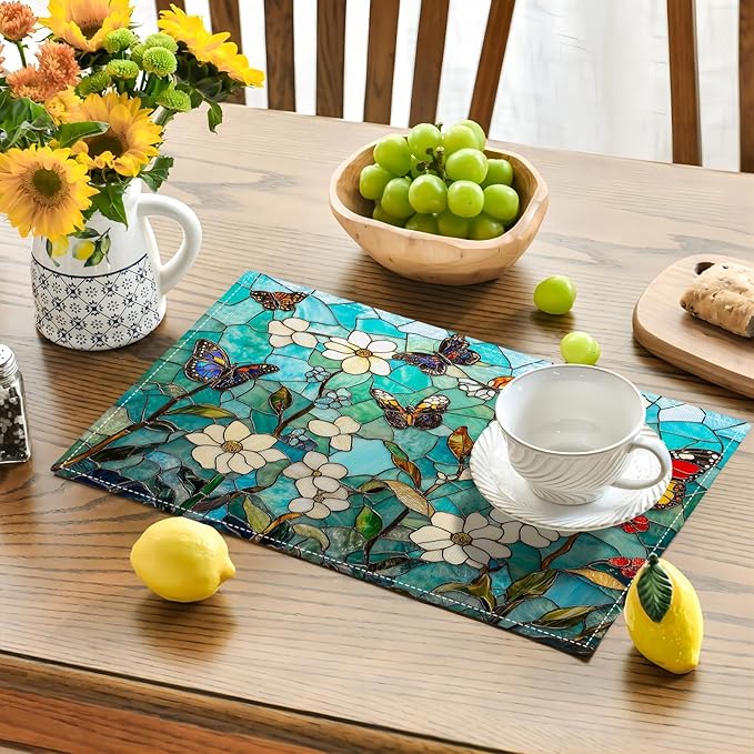 Butterfly Teal Placemats Set of 6, Colorful Stained Glass Place Mats, Rustic Flowers Dining Table Mats, Washable Placemats for Kitchen Dining Room Home Decor 18L'' × 12W''