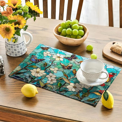 Butterfly Teal Placemats Set of 4, Colorful Stained Glass Place Mats, Rustic Flowers Dining Table Mats, Washable Placemats for Kitchen Dining Room Home Decor 18L'' × 12W''